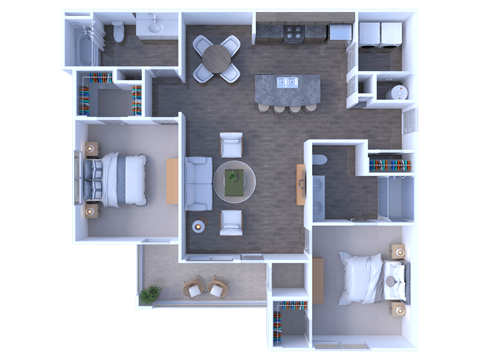 Floor plan for 2 beds, 2 baths, 1121 sqft